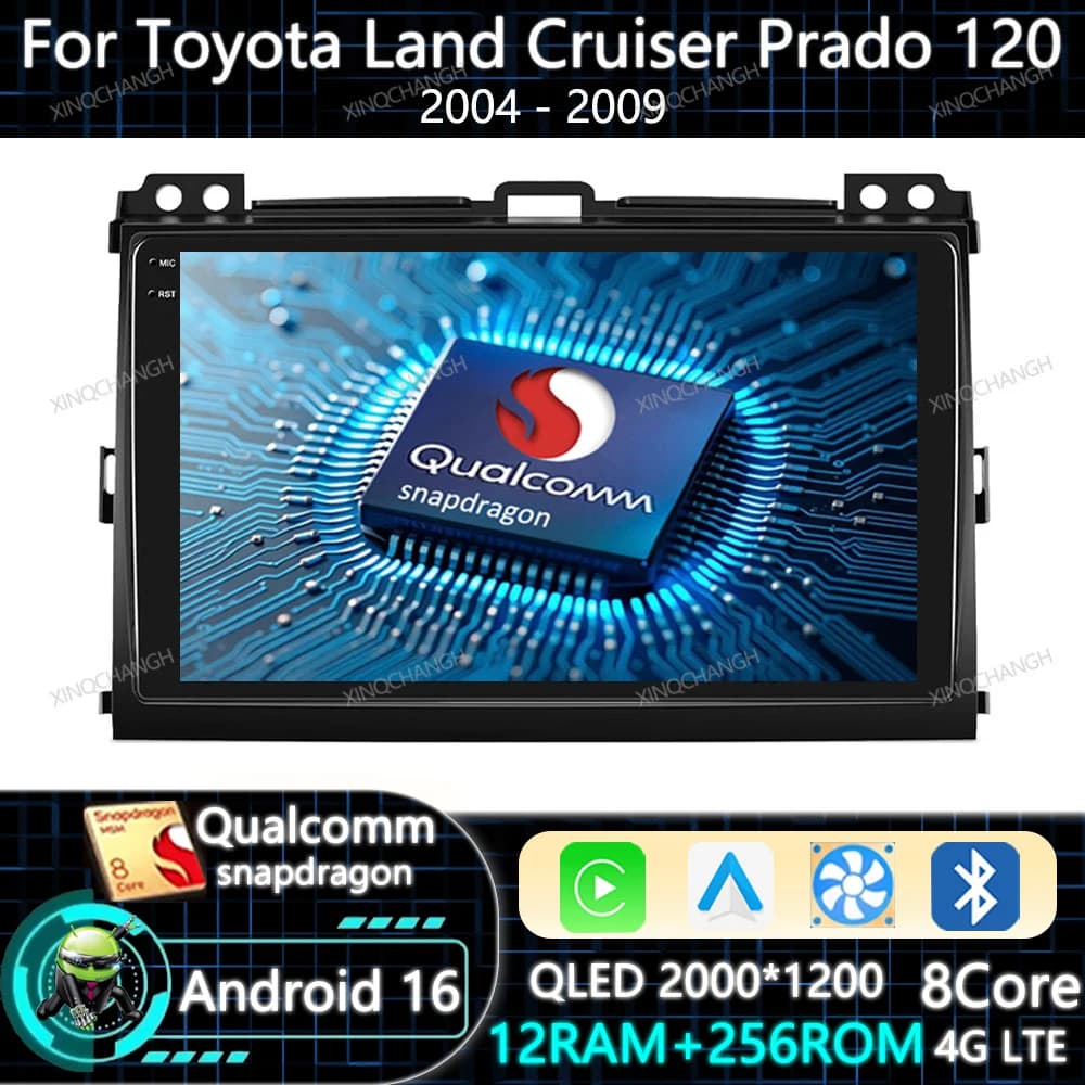 Android 15 Autoradio Carplay Auto Per Toyota Land Cruiser Prado 120 2004 - 2009 Navigazione QLED 2DIN 4G LTE 5G WIFI Qualcomm BT