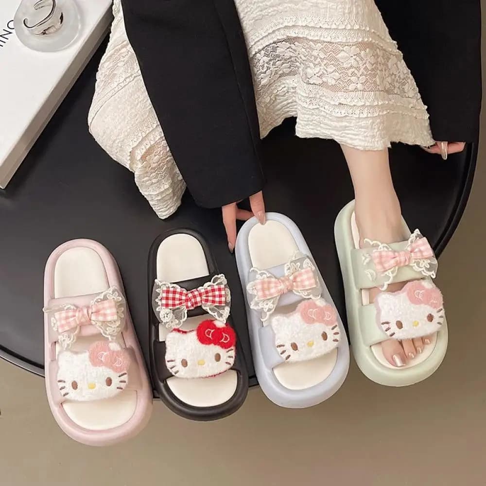 Pantofole Sanrio con fondo spesso Hello Kitty, stile cartone animato, estive, antiscivolo, da donna, casual, kawaii, dolci sandali per ragazze