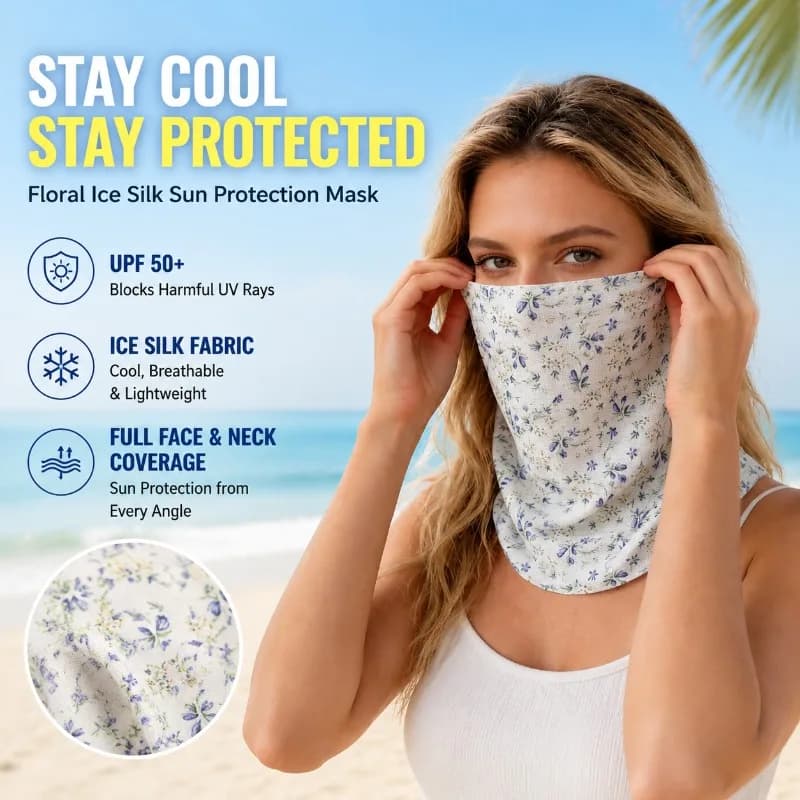 Maschera Solare Floreale da Donna in Seta Ghiaccio Traspirante con Ganci per Orecchie, Protezione Completa per il Viso Estiva per Vacanze al Mare