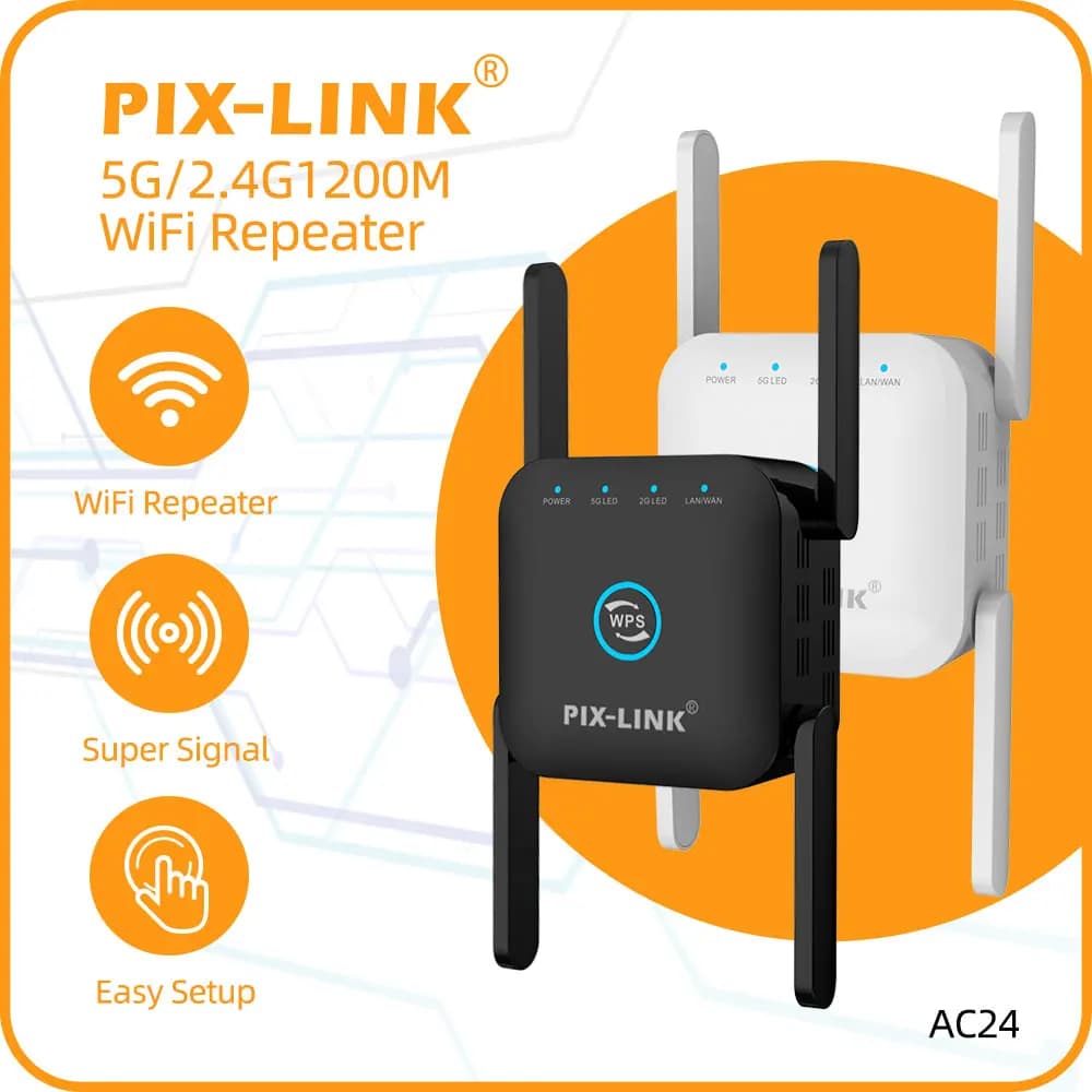 PIX-LINK Ripetitore WiFi 5GHz AC1200 1200Mbps Bianco Nero, Amplificatore di Segnale WiFi a Lungo Raggio