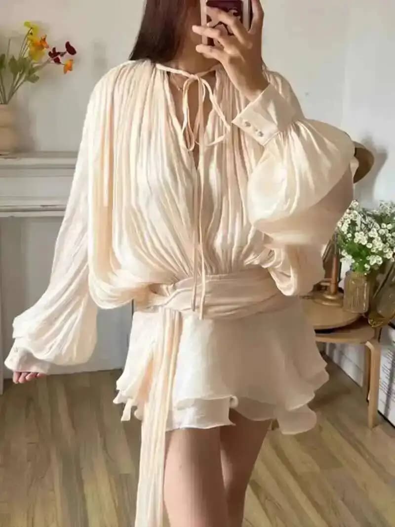 Top beige camicetta solida mini abiti per le donne scollo a V manica lunga impiombato pizzo abito stile dolce abbigliamento femminile moda P7WI