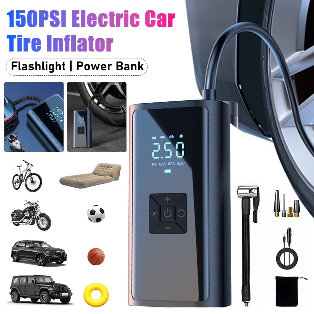 Gonfiatore per pneumatici per auto elettriche 150PSI con luce a LED 19CM Pompa d'aria Compressore d'aria per bicicletta USB ricaricabile per palla per bicicletta per auto