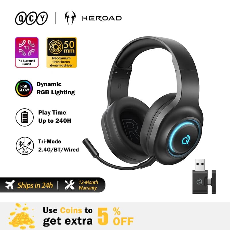 QCY H4GM 2.4GHz Wireless Gaming Over-Ear Heroad V200 Headphones with Microphone, Bluetooth 6.0, Audio Surround 7.1 and 50 mm Driver
