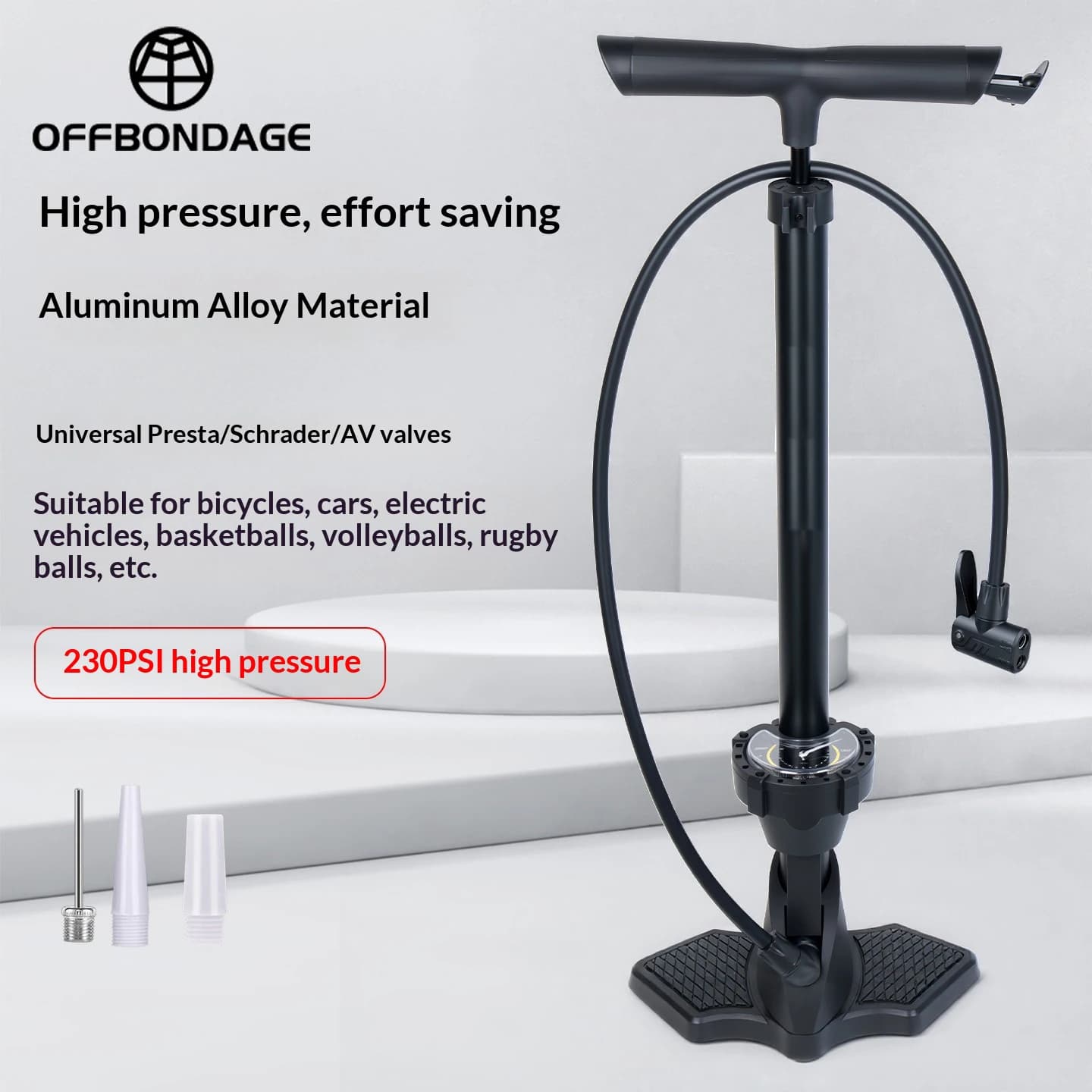 OFFBONDAGE Pompa per bicicletta 230PSI Pompa portatile in acciaio inossidabile per bici con valvola Schrader Presta, accessori per bici da montagna e da strada