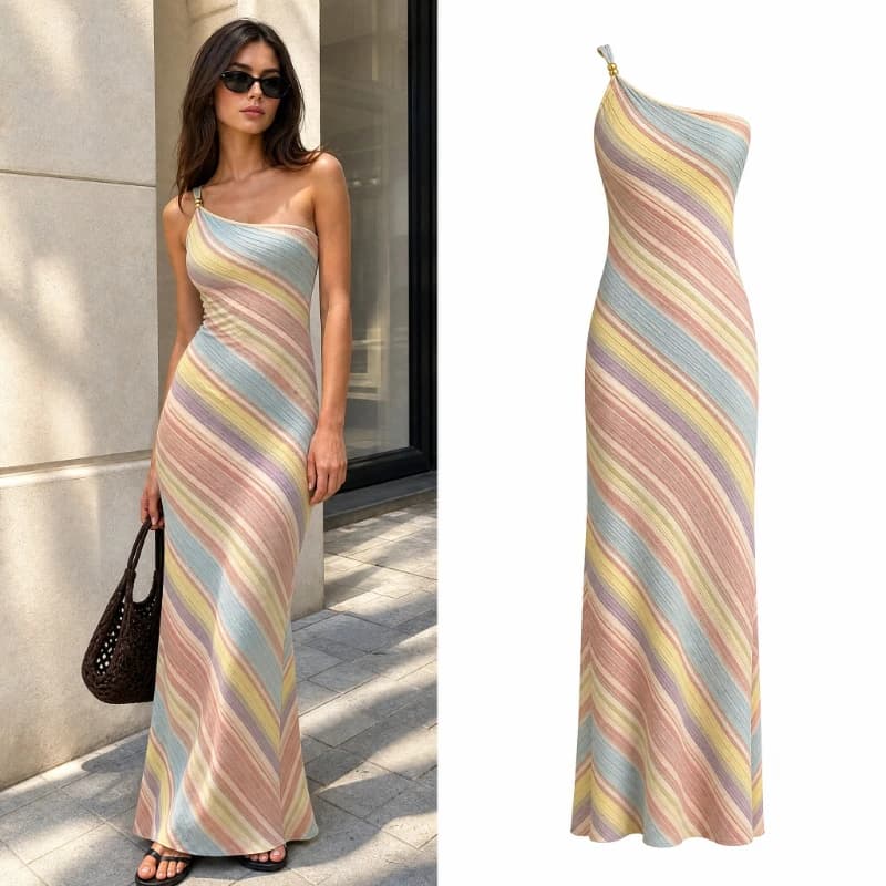 Women Rainbow Stripe Knit Maxi Dress One Shoulder Single Strap Side Split Bodycon Vestidos Summer Beach Vacation Party Robe 2026