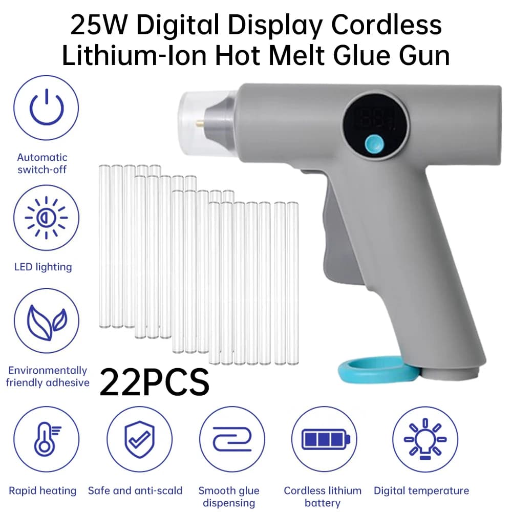 Pistola per colla a caldo senza fili da 25W con luce LED e supporto, batteria da 2500mAh con ricarica rapida USB-C, riscaldamento veloce e design anti-scottatura