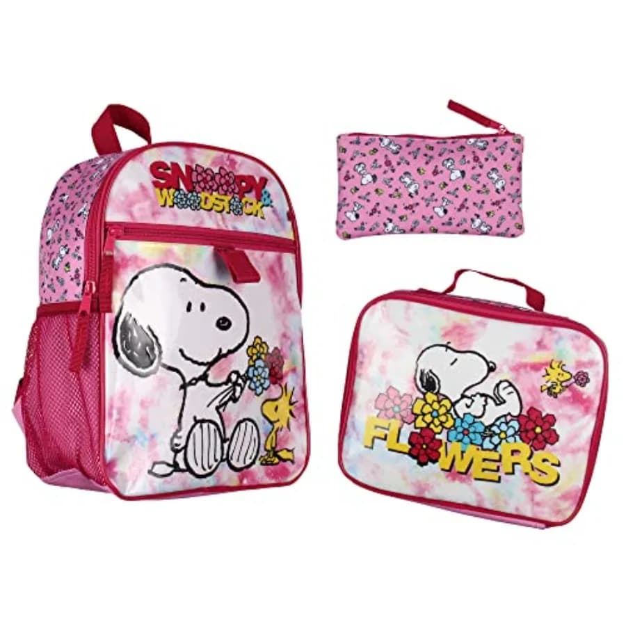 Set 3 Pezzi Peanuts Snoopy Woodstock: Mini Zaino, Portapranzo e Astuccio con Motivi Floreali