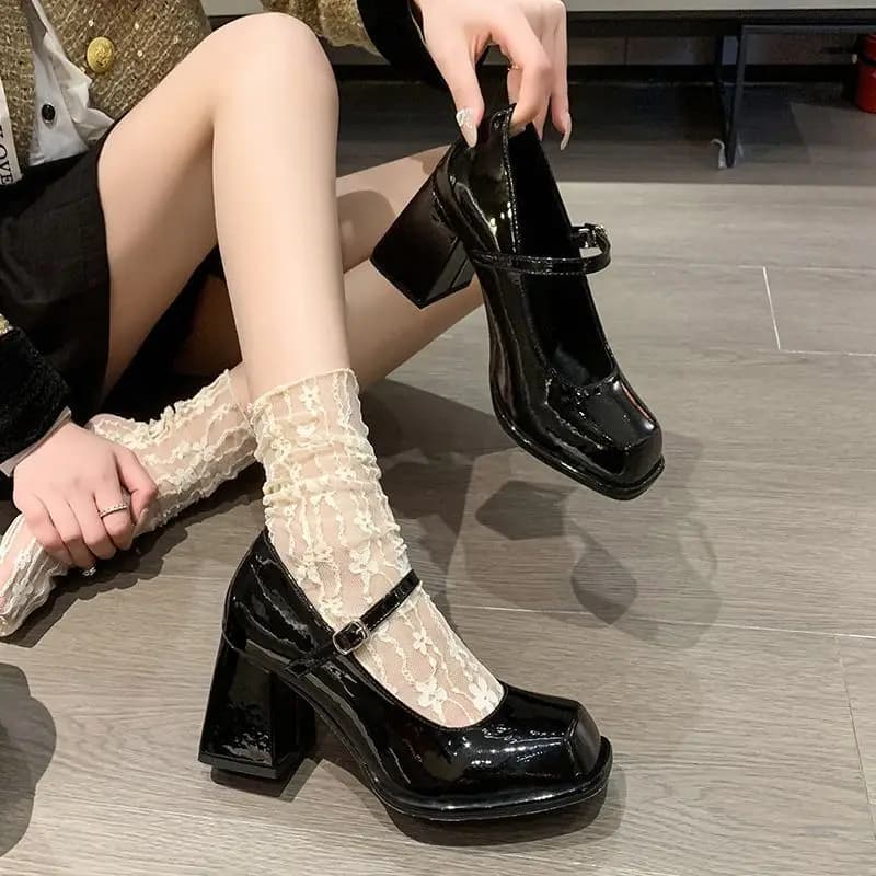 Black Mary Janes Solid Elegant Vintage Sandals Woman Buckle Non-Slip Casual Medium Heels Heels Korean Office Ladies new Summer