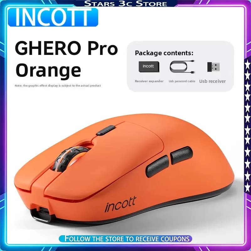 Mouse da Gaming Incott GHERO PRO con Supporto per Frequenza di Aggiornamento 8K, Sensore Paw3395, Wireless Bluetooth, Leggero, Ergonomico, Bassa Latenza