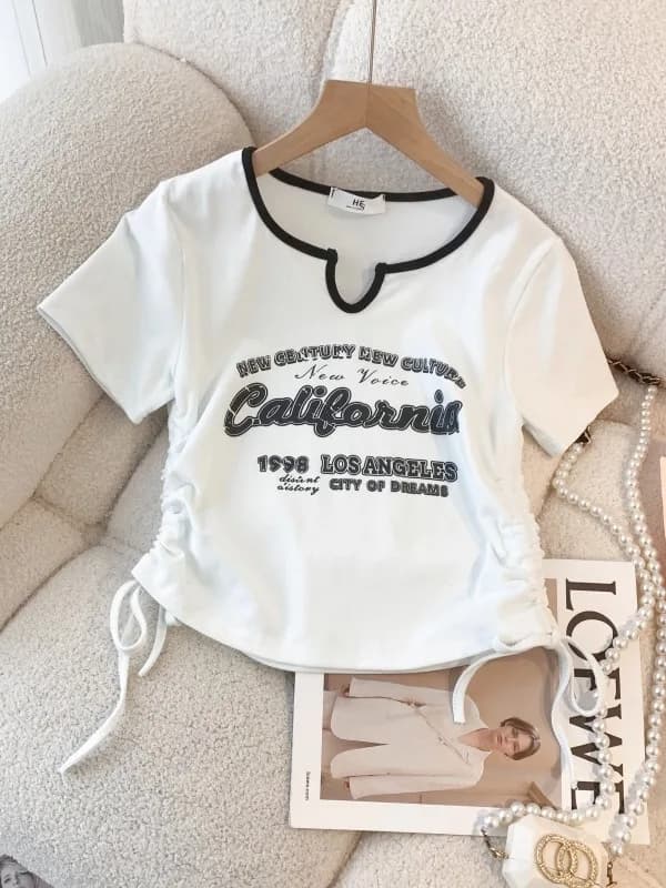 Women's Short Sleeve V-Neck T-Shirt Summer Slim Fit Shoulder Drawstring Design Casual Cotton Polyester Printed Top