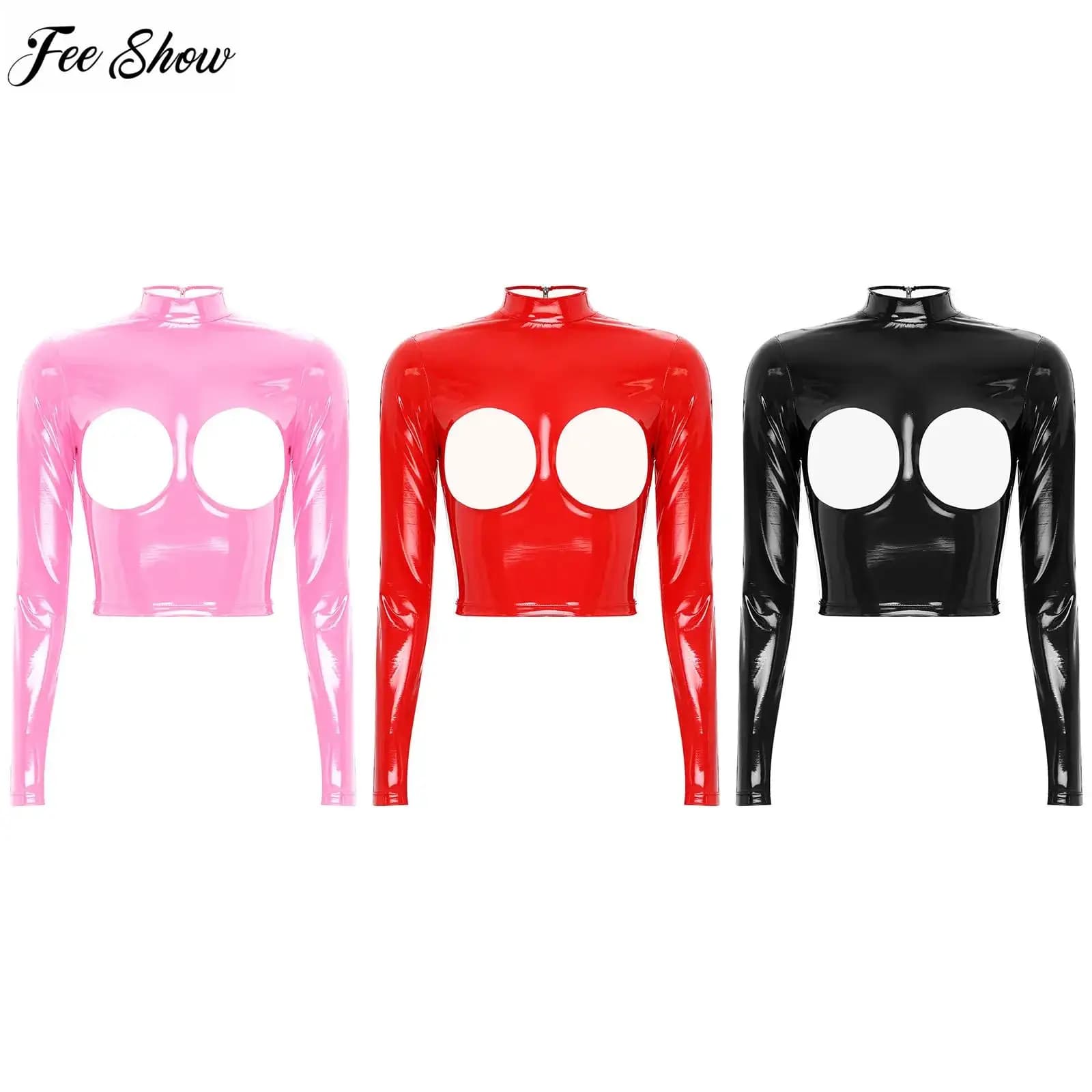 Top corto da donna con coppe aperte in pelle verniciata Wetlook, collo a lupetto, manica lunga, petto scavato, cerniera posteriore, camicia sexy, top per discoteca