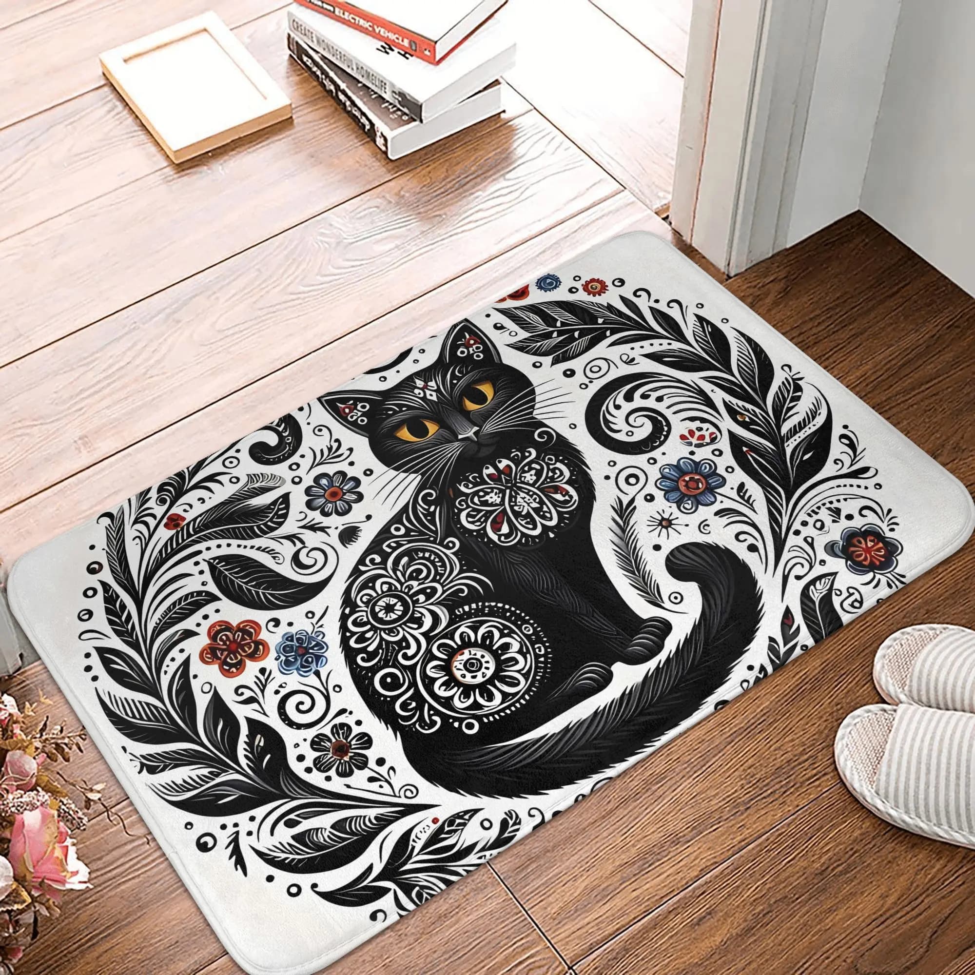 Stylish Black Cat-Themed Doormat, Suitable for Machine Washing, Perfect for Bathrooms, Bedrooms, Living Rooms, And Entrances