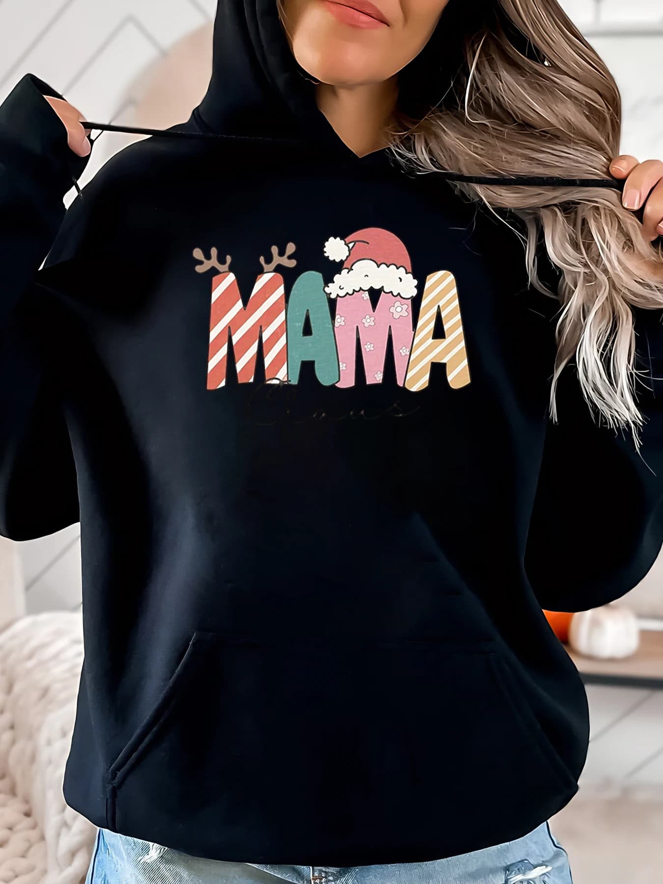 Hoodie with Christmas Mama print Women casual clothing for holidays Black Strong cuts