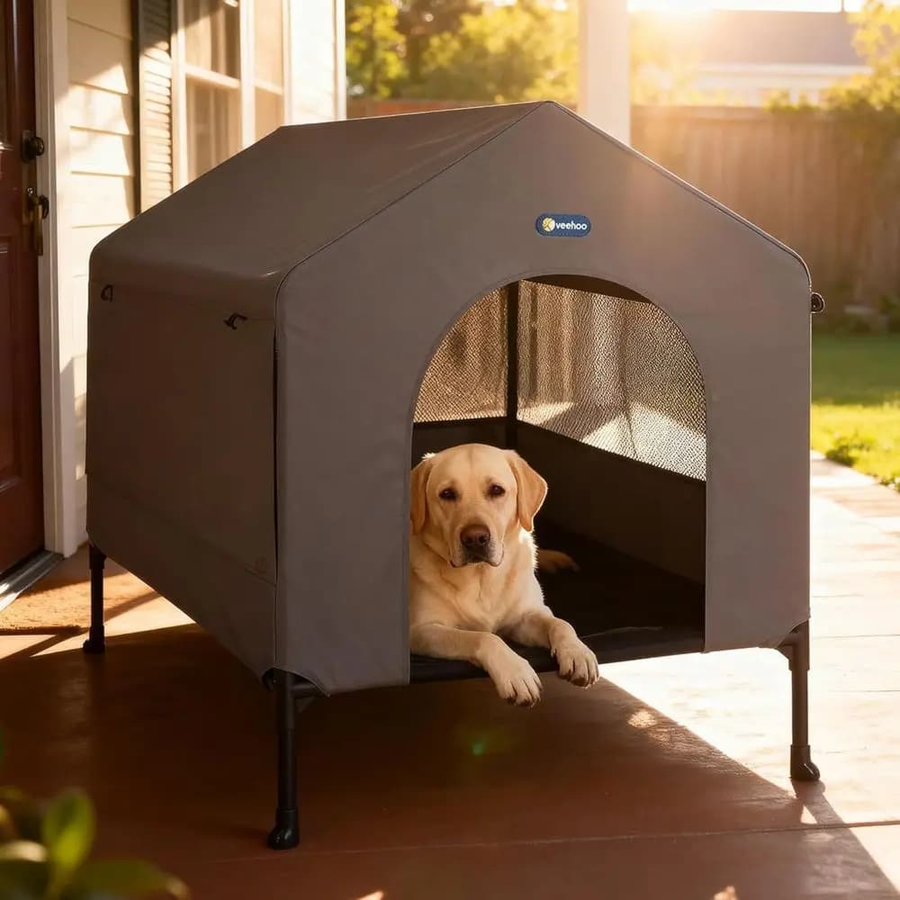 Cuccia per Cani da 41 Pollici, 2-in-1 Grande Cuccia per Cani da Esterno e Interno Resistente alle Intemperie, Letto Rialzato per Cani da Esterno, Tenda per Cani con Ombreggiatura, Traspirante su Tre Lati