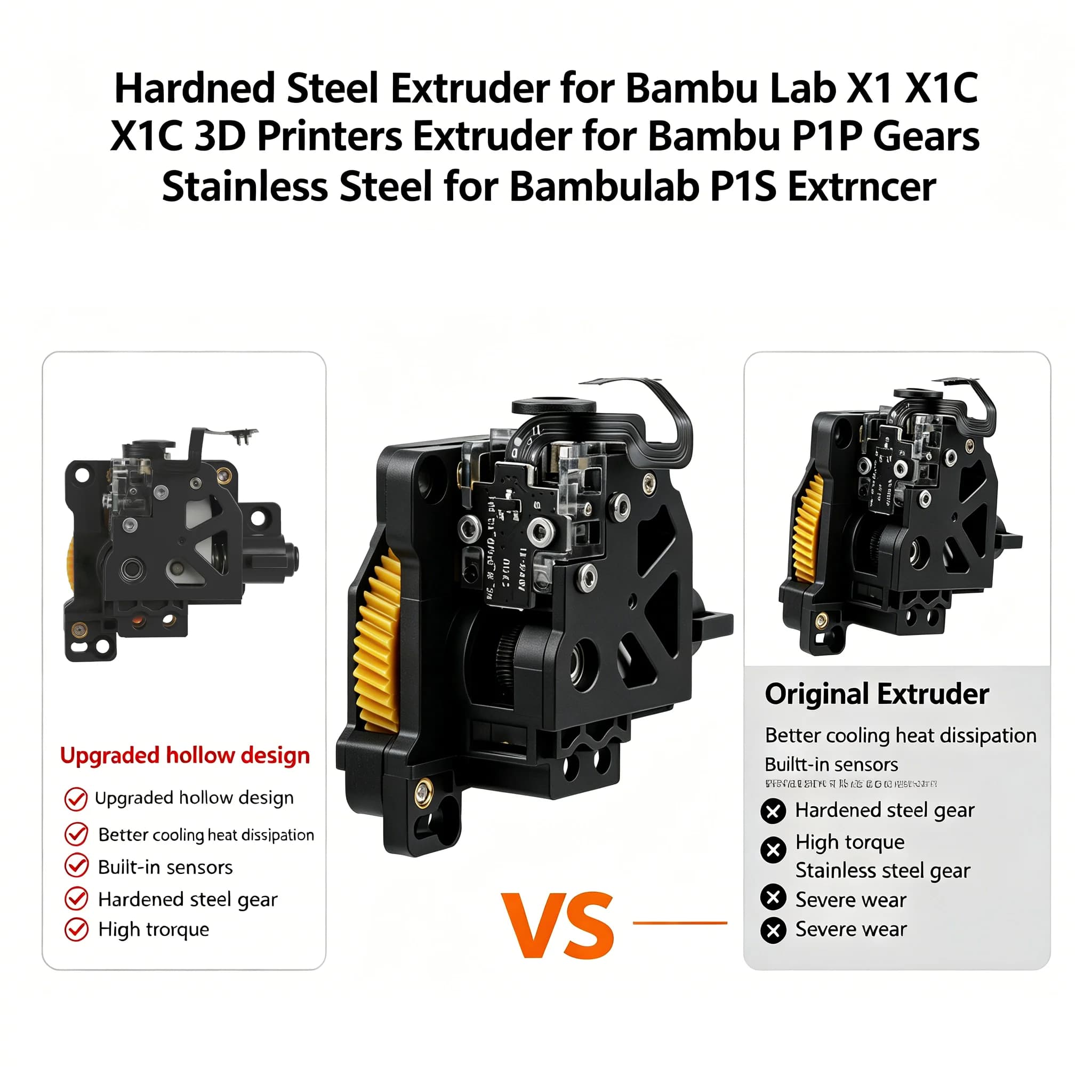 3D Printer Hardened Steel Extruder With Stainless Steel Drive Gears Replacement Extruder Kit Compatible Bambu Lab X1 Series P1 S