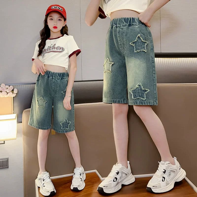 Pantaloncini di jeans per ragazze Jeans larghi casual estivi Pantaloni corti a gamba larga per bambini Pantaloni dritti a vita alta per adolescenti 5-14 anni
