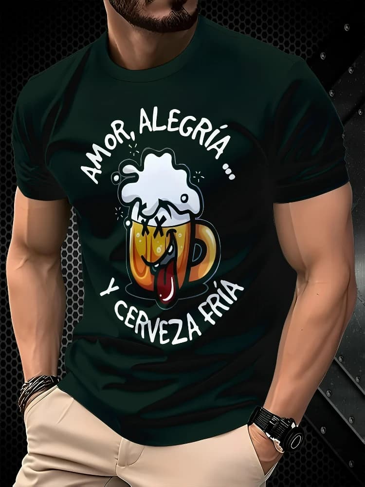 T-shirt casual da uomo a maniche corte in cotone con motivo a boccale di birra e stampa spagnola -T-shirt estiva con scollo a O.