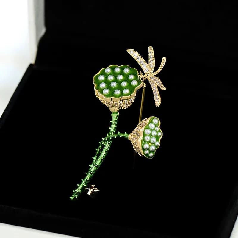 New High Range Women's Spill with Lotus Seed, Libellula and Zirconia Colored in Polish, Floral Accessories