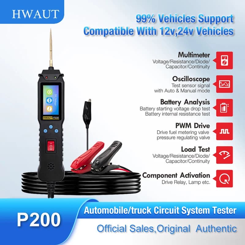 HWAUT P200 Tester di circuito automobilistico 12V/24V Kit sonda di alimentazione Strumento diagnostico del sistema elettrico Misuratore di tensione e continuità AC/DC