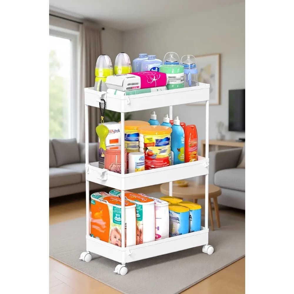 3 Shelves trolley with Wheels, Shelves Furniture for Laundry and Bathroom Organization, White