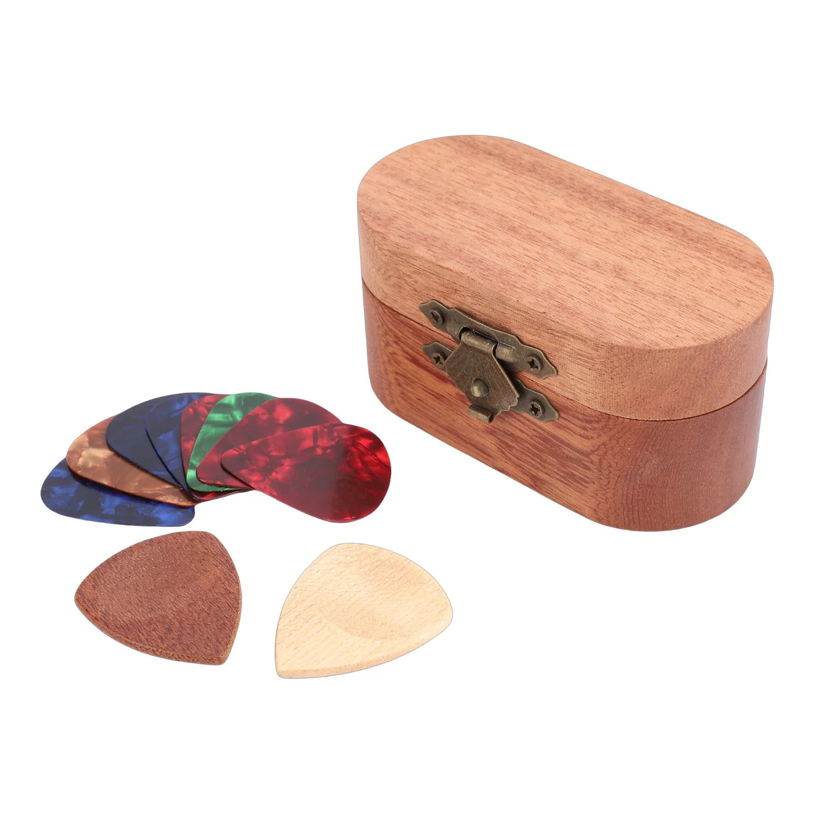 Portaplettro per Chitarra con 10 Plettri - Scatola in Legno con 2 Plettri in Legno + 8 in Celluloid, Contenitore per Accessori Musicali per Chitarristi