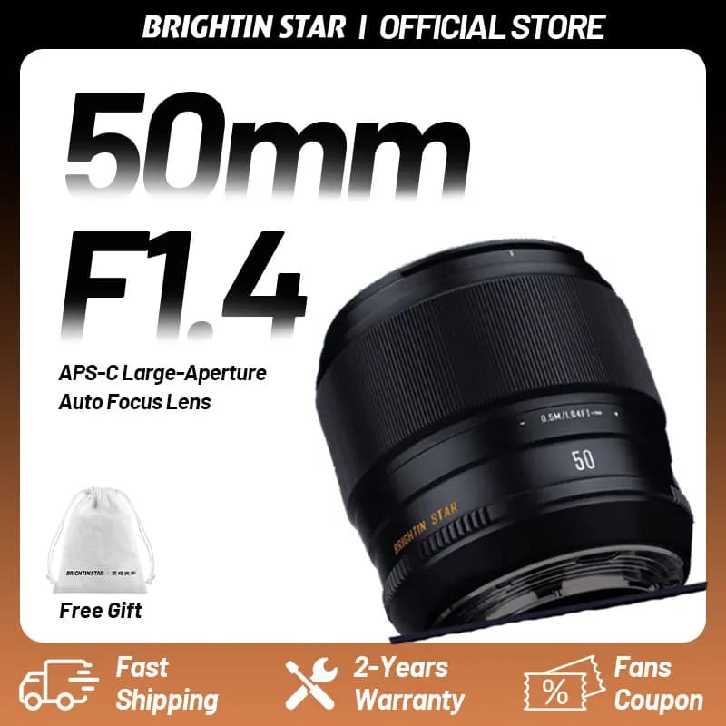Brightin Star 50mm F1.4 AF APS-C lens with DSLR Sony E ZVE10 A6400 a6000 A7 a5000 Fuji XT50 XPRO XA XH XM5 XE5