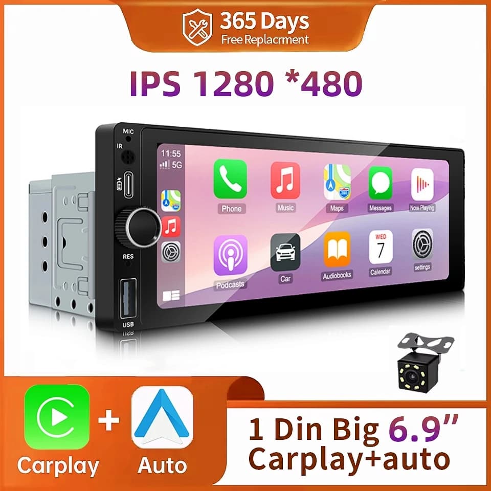 IPS 6.9 pollici 1Din Carplay Android Auto Autoradio Video multimediale Lettore MP5 Touch Screen HD No DVD Bluetooth Stereo universale