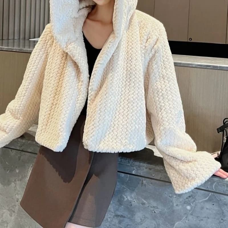 2025 Autumn and Winter New Handmade Double-sided Woven Hooded Short Rabbit Fur Fur Coat for Women