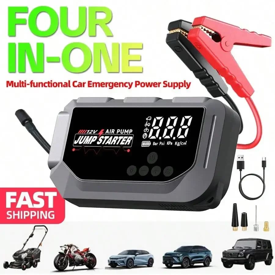 Avviatore di Emergenza per Auto 4 in 1 12V 8000A con Pompa d'Aria, Power Bank e Torcia