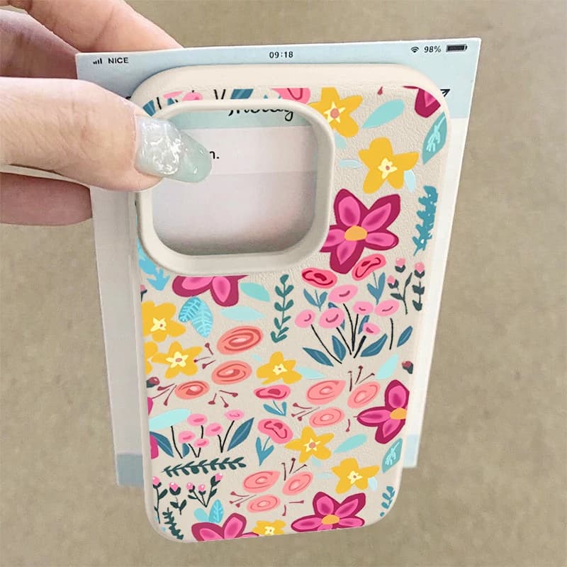 Phone case with colored flowers for iPhone Air 17 16 16 15 14 Pro Max 13 12 17 Pro 11 Leather texture TPU Soft shockproof cover
