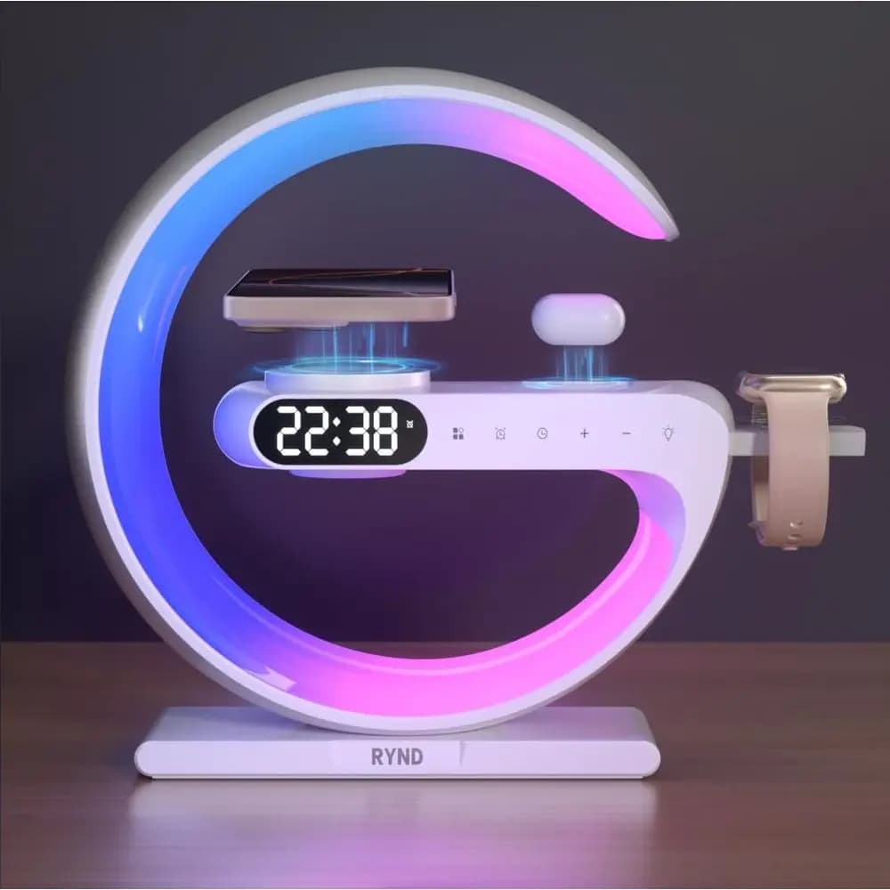 Sveglia con Altoparlante Magnetico 5-in-1, Lampada da Comodino con Luce Notturna Regolabile, Bianca per Famiglia/Amici