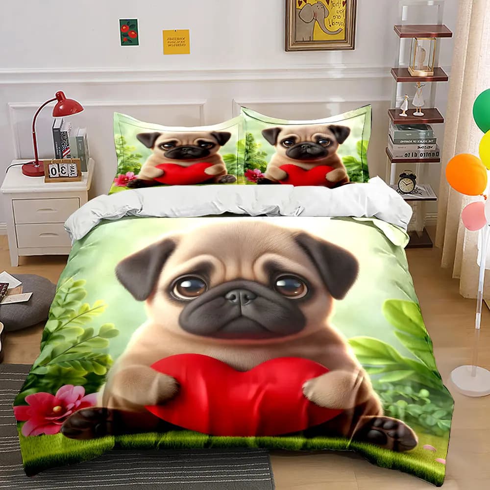 Set copripiumino con motivo cucciolo carino che tiene un cuore rosso, stampa digitale, biancheria da letto colorata in poliestere con chiusura a cerniera, per regali per bambini