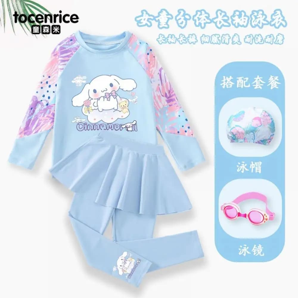 Cinnamoroll Children's Swimsuit Sanrios Girls Cartoon Long Sleeves Long Pants Quick Dry Swimwear Sweet Vacation Split Beachwear
