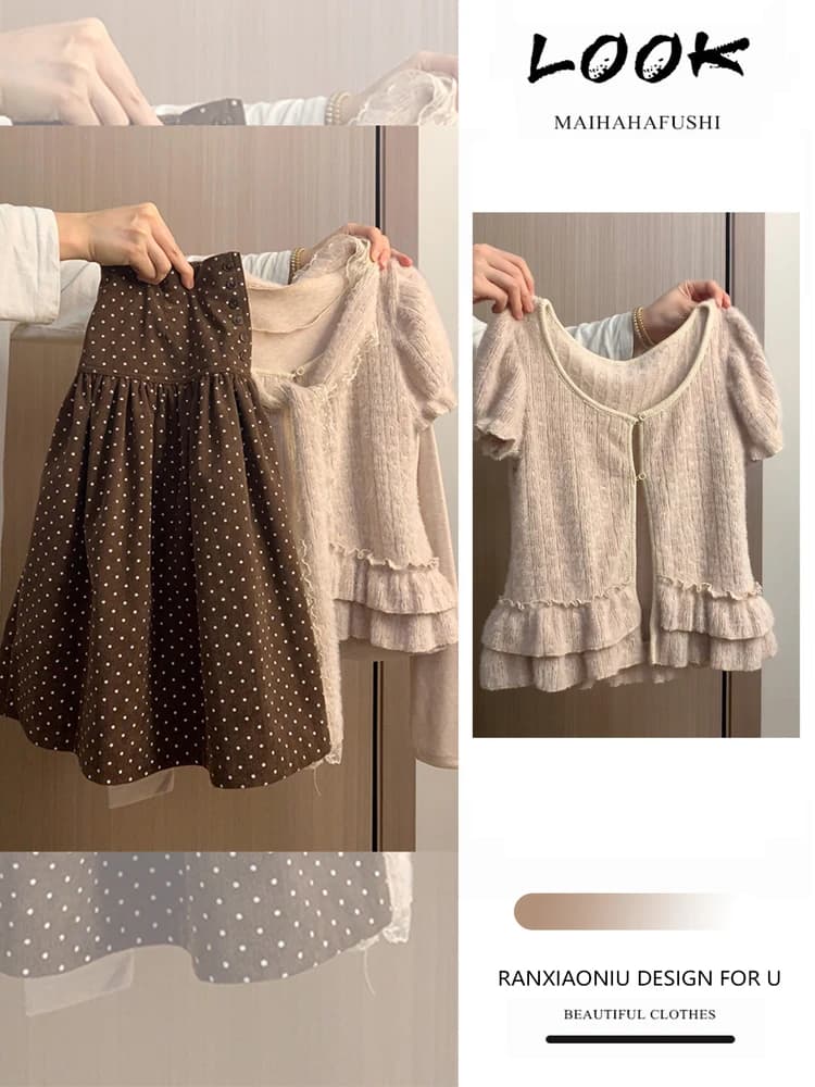 Completo Coreano da Donna Primaverile Casual con Maglia a Pois e Gonna, Set Tre Pezzi per il Pendolarismo e la Moda