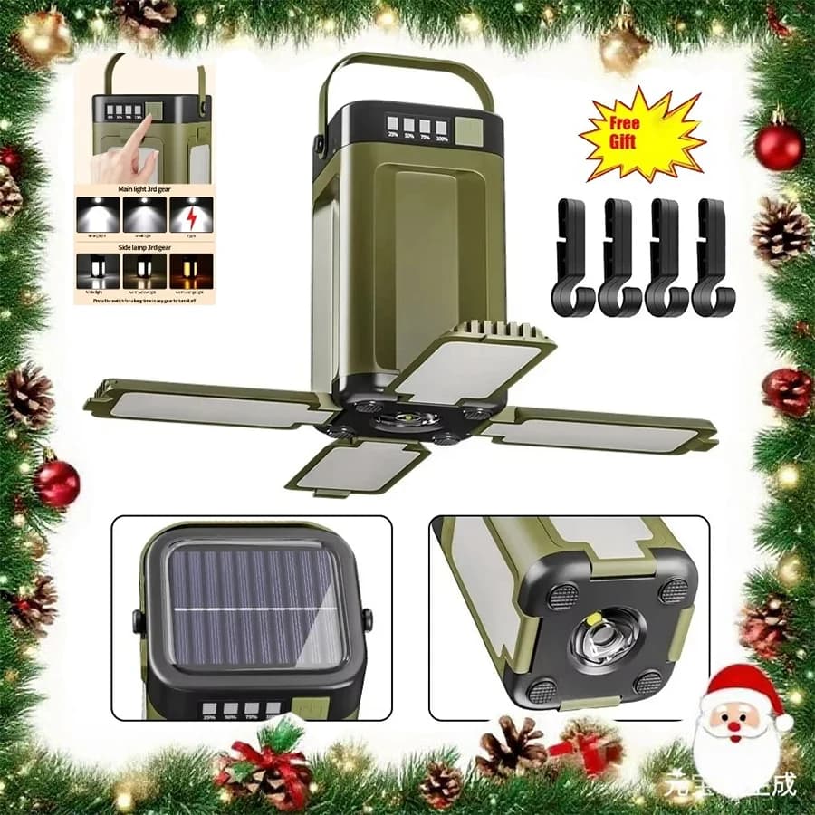Solar Light Rechargeable Flashlight for Outdoor Christmas Portable Power Bank Lamp LED Hanging Tent Lamp for Camping, Hiking, Fishing