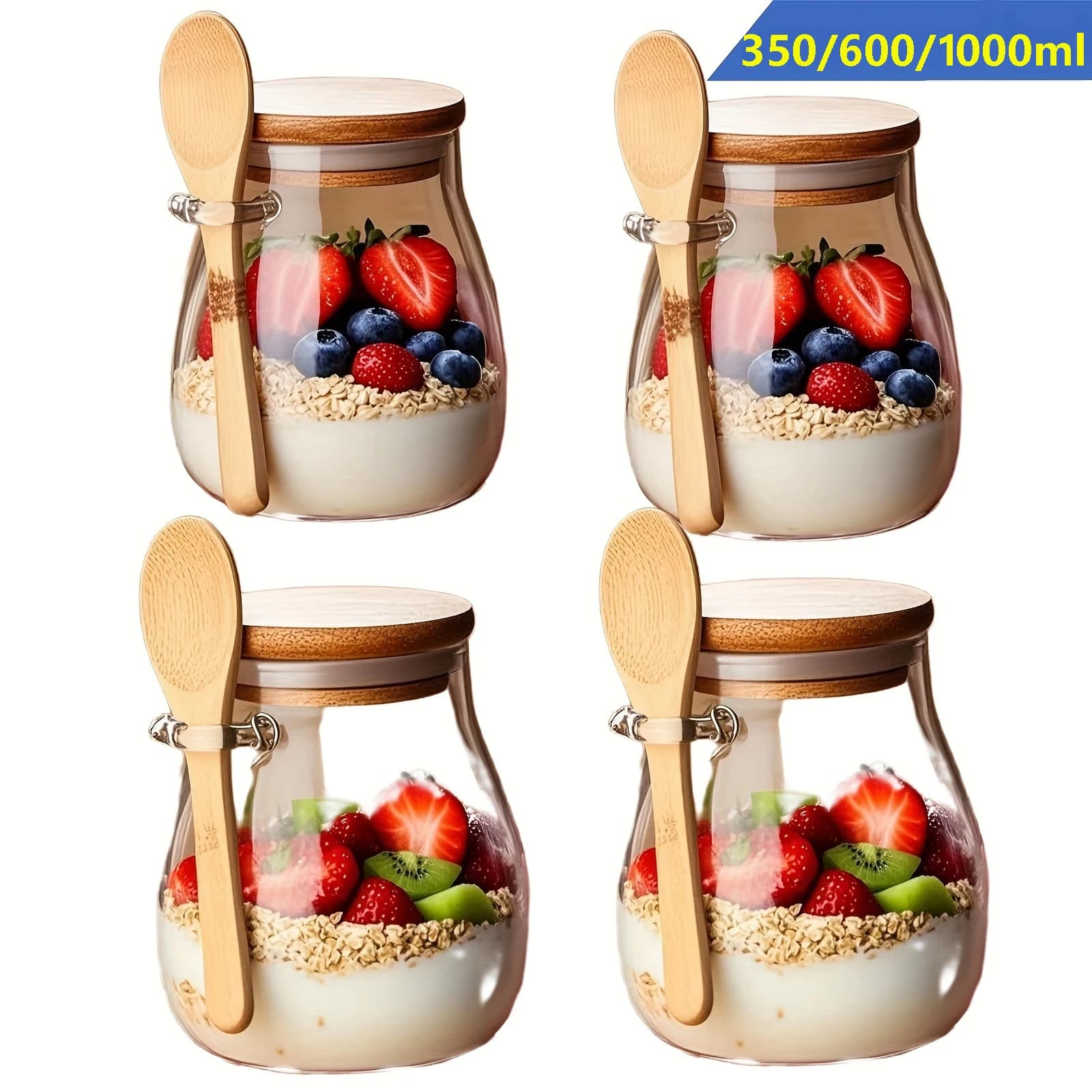 Bicchieri di vetro da 350 ml Set di tazze per farina d'avena notturna con coperchi e cucchiai per insalate Barattoli di farina d'avena Tazze di farina d'avena Contenitori per la preparazione dei pasti