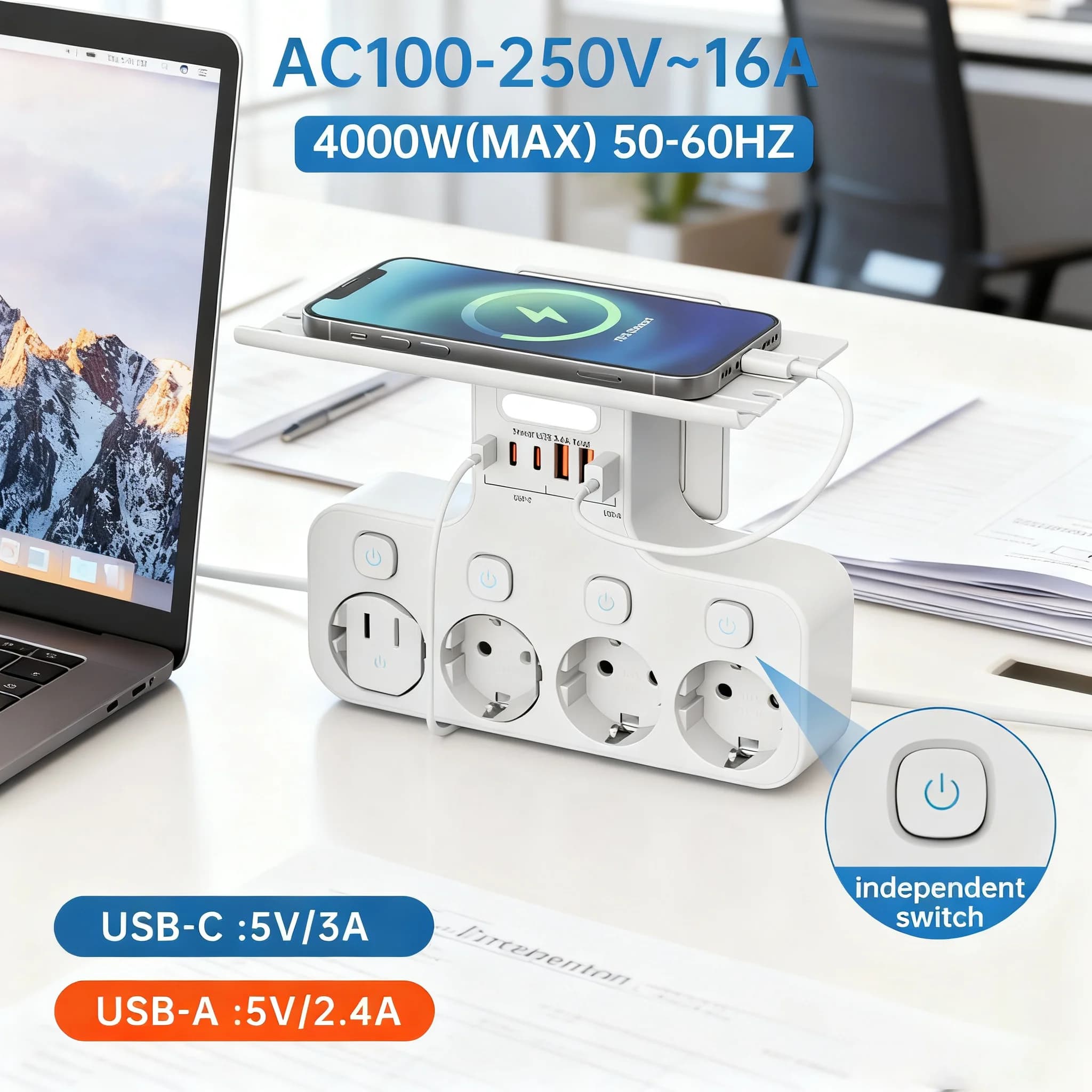 Multipresa multifunzione UE, presa per interruttori indipendenti montati a parete da 4000 W, luce notturna con sensore, porte di ricarica 3USB-C 3USB-A