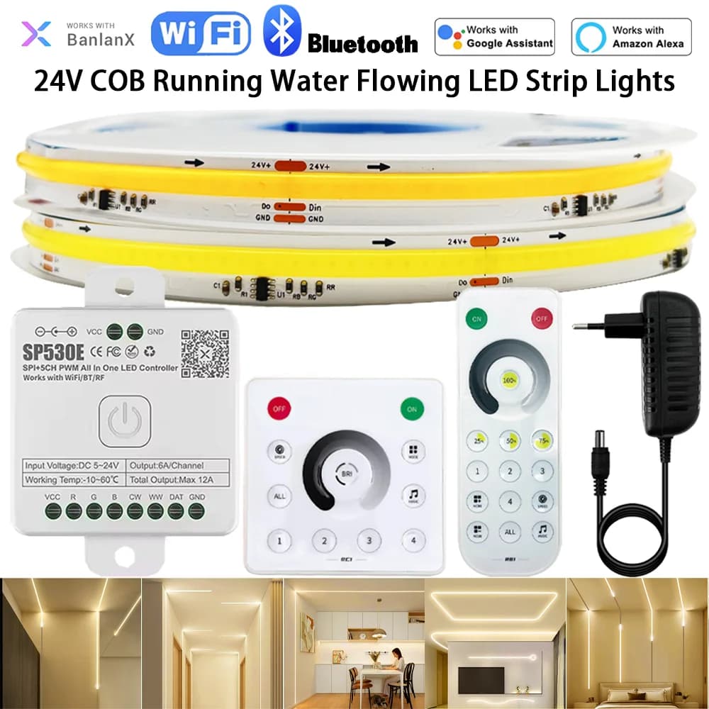 Striscia LED COB WS2811 24V con Effetto Acqua Corrente, Controller LED All-in-One SP530E, Compatibile con Wifi, Alexa, Google Home e BT