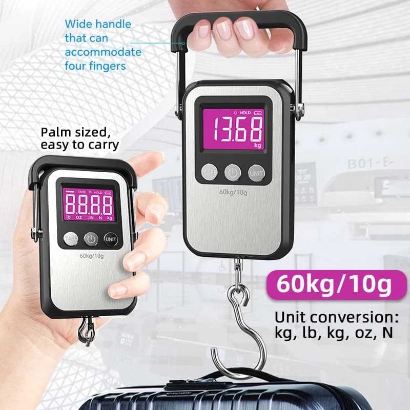 Bilancia Digitale Portatile 60Kg/10g con Display, Ricaricabile a Batteria/USB, in Acciaio Inossidabile, per Bagagli e Uso Domestico