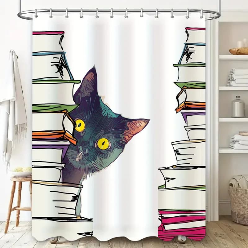 Tenda da doccia moderna per decorazioni per la casa con un design elegante per gatti con libri impilati, perfetta per accessori da bagno o dormitorio D