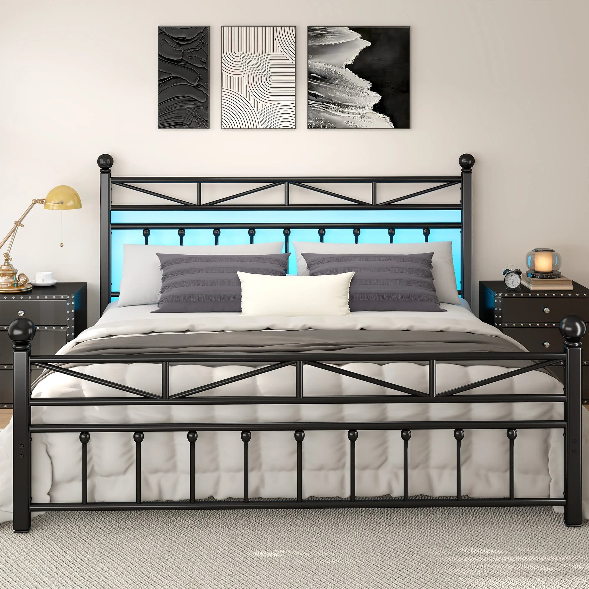 EnHomee 54" LED Bed Frame with Tall Headboard & Footboard Metal Bed Frame with Under Bed Storage No Box Spring Needed,Noise-Free