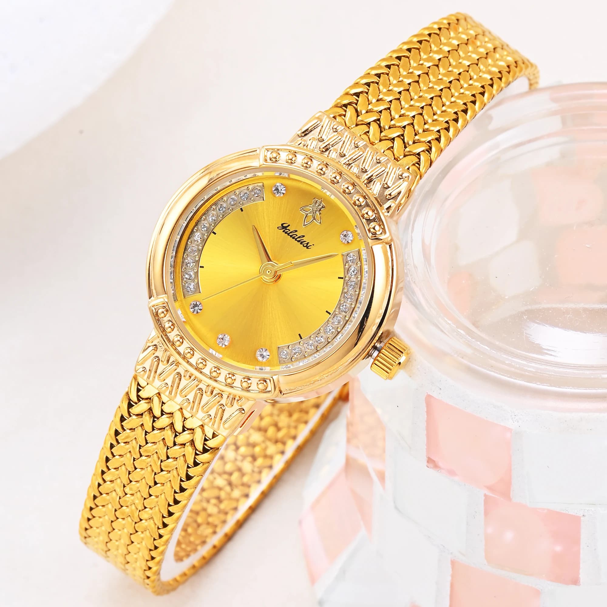 Quartz Round Luxury Women's Watch With Sparkling Crystal Accents, Stainless Steel Adjustable Bracelet, Gift Box