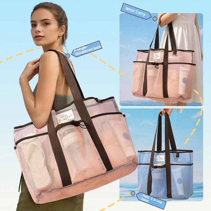 A Portable Handheld Mesh Gym Beach Bag Large Capacity Travel Storage Pouch for Swimsuit Ideal for Swimming Outdoor Vacation