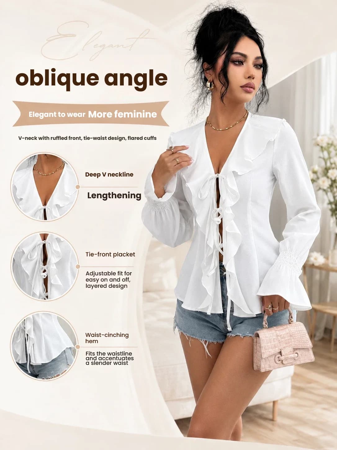 Y2K Women Ruffled Tie Front Shirt Elegant Deep V Neck Flared Long Sleeve Loose Fit Cardigan Cute Casual Daily Blouse