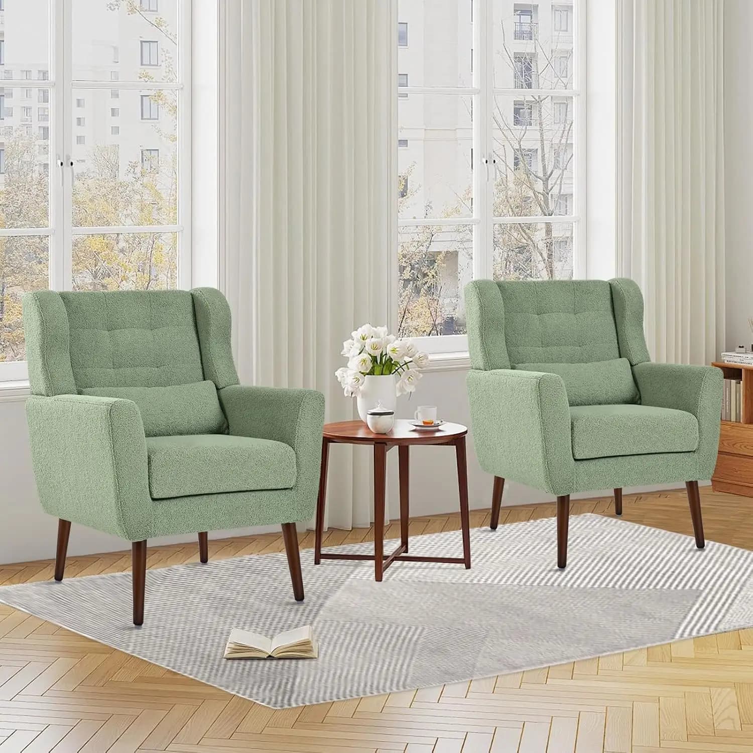 Modern Accent Armchair Set of 2, Teddy Upholstered Chair for Living Room & Bedroom with Lumbar Pillow & Wood Legs, Customized