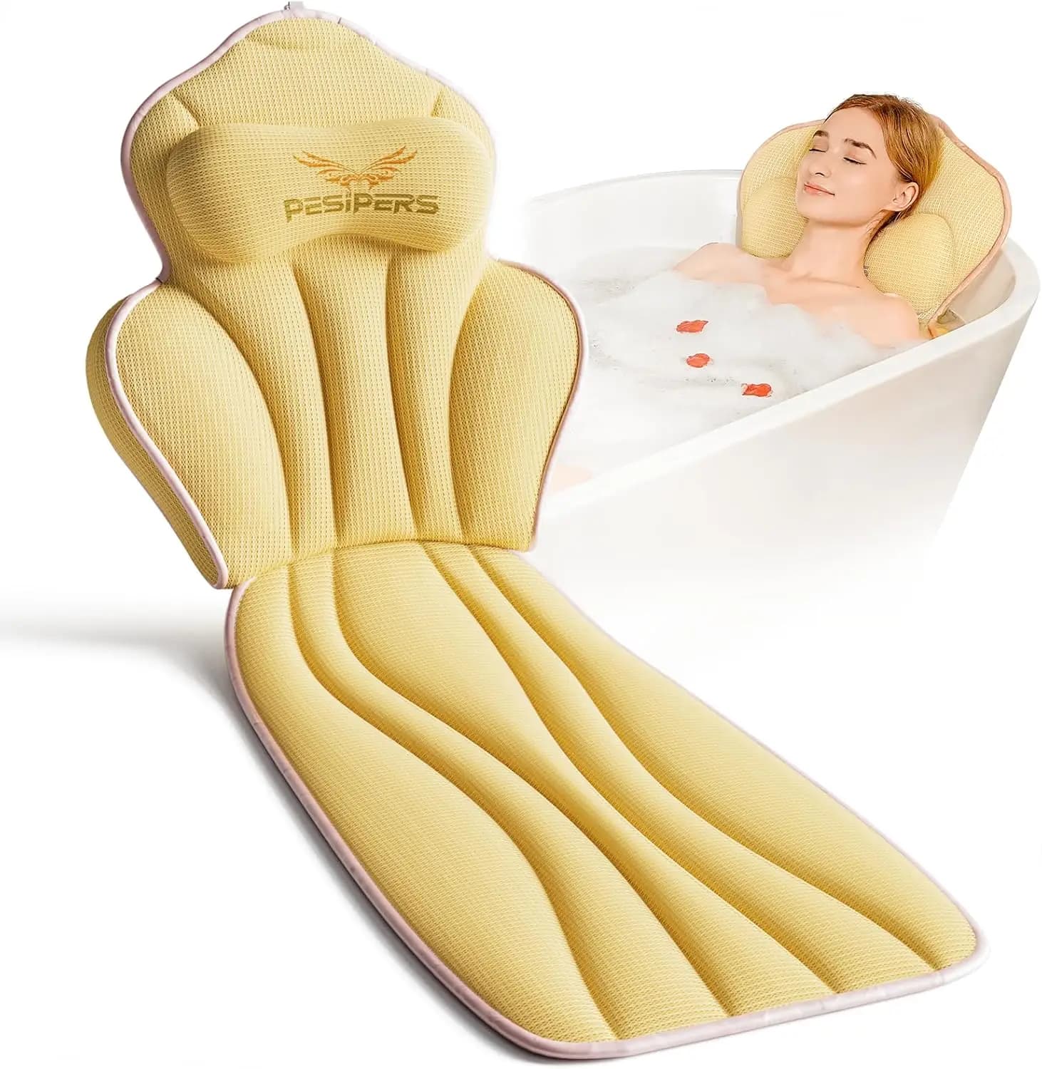 Cuscino per Vasca da Bagno con 13 Ventose, Cuscino Spesso 10 cm per Supporto Schiena e Collo, Tappetino Morbido in Rete Traspirante