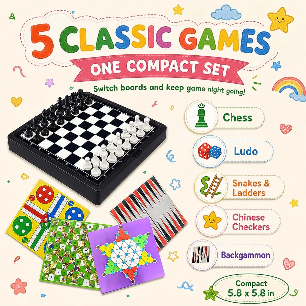 5 Classic Games In 1 Portable Foldable Board Game Set Chess Ludo Snakes and Ladders Chinese Checkers Backgammon Family Party Game Halloween Christmas Thanksgiving Gift