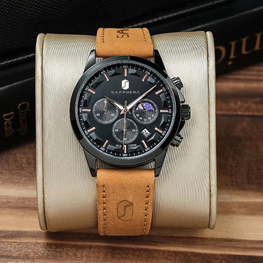 SAPPHERO Orologi da uomo classici Orologi in acciaio inossidabile Orologio da polso 10ATM Cinturino in pelle Cronografo Data Regali da uomo Gioielli