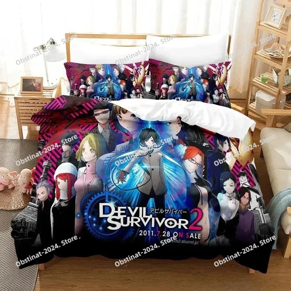 Set di biancheria da letto Devil Survivor 2 con stampa 3D, set di tre pezzi in stile cartone animato anime, set copripiumino per adulti e bambini, tessuti per la casa per tutte le stagioni