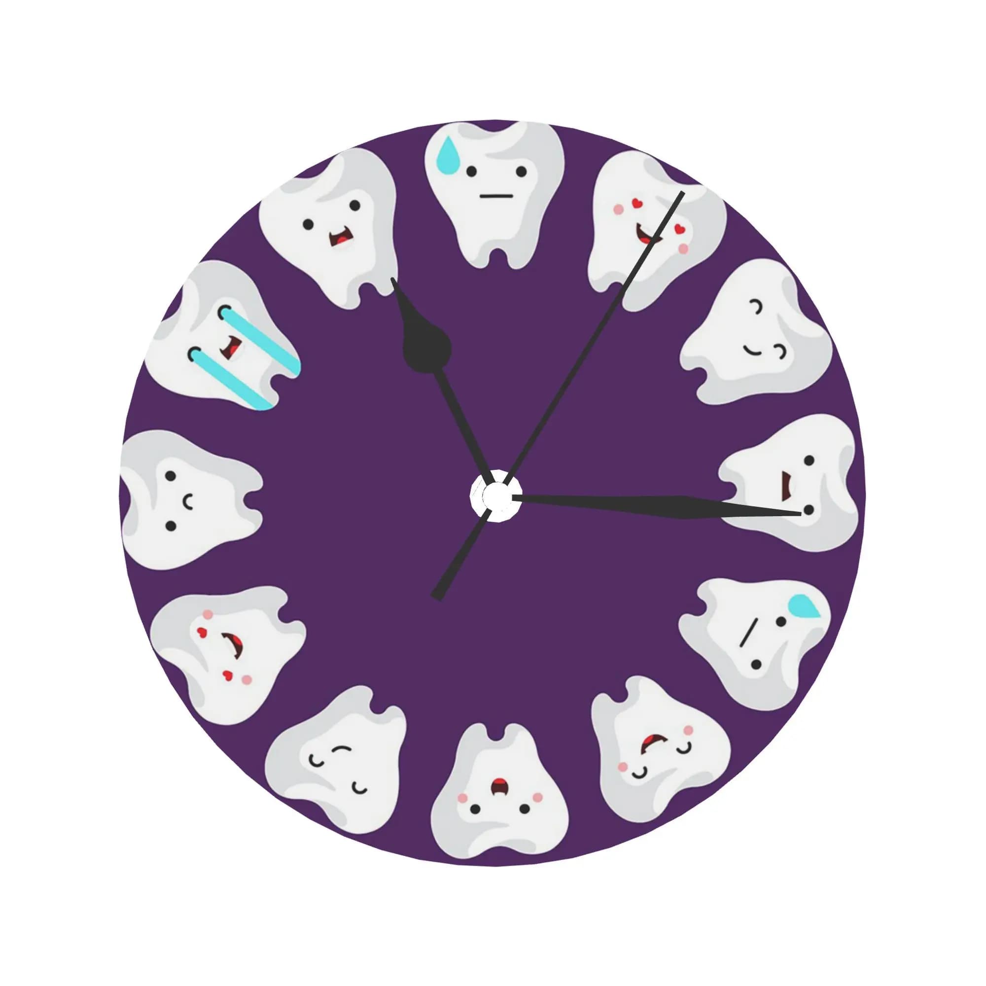 Orologio da parete con dente per clinica dentale viola Decorazione della stanza Orologio rotondo silenzioso per camera da letto Soggiorno Cucina Casa